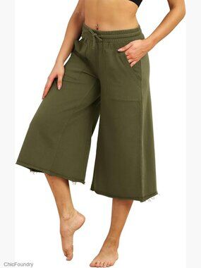 Wide Leg Jogger Capris with Pockets Drawstring Loose Fit Cotton